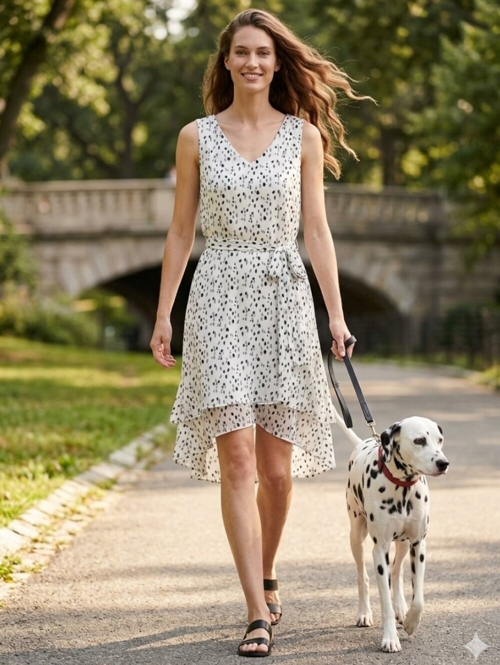 Gilli V-Neck Dalmatian Spotted Sleeveless Dress with Tie Waist & Asymmetrical L